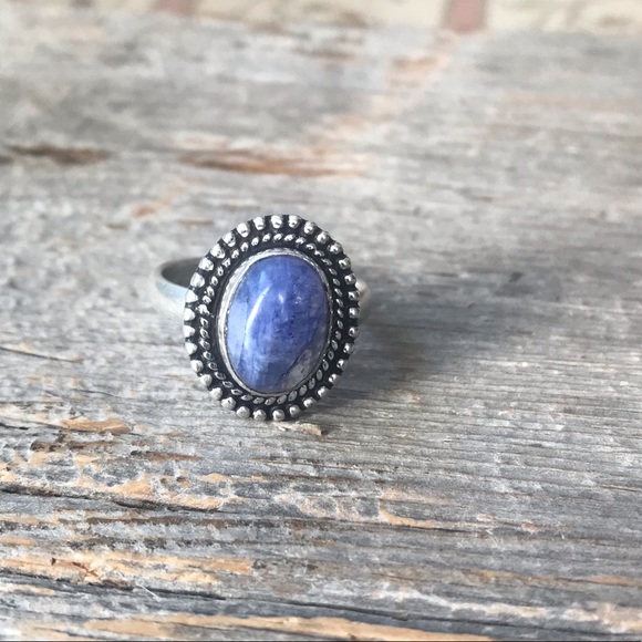 Sterling silver plated light blue sodalite gemstone cocktail ring oval boho - Picture 9 of 11